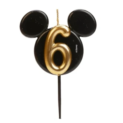 Imagen de dekora Vela de Cumpleaños Mickey Mouse Velas Disney Cera Parafina sin Fragancia para Niños con Orejas Negro y Dorado Tamaño 8,5 cm Número 6