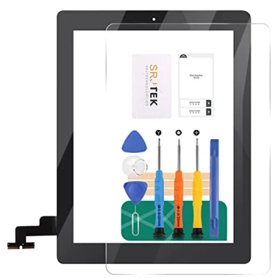 Imagen de SRJTEK Pantalla de Repuesto para iPad 2 A1395 A1396 A1397 Touch Screen Digitizer Glass Assembly Kits(Not LCD Screen) Home Button + Cameral Holder Pre Installed Adhesive Middle Frame Bezel (Negro)