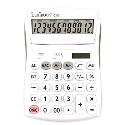Imagen de Lexibook, Calculadora de sobremesa 12 dígitos con Pantalla abatible, Funciones básicas y Memoria, Teclas Grandes para Oficina, Escuela, hogar, Solar Pilas, Blanco/Gris, C212