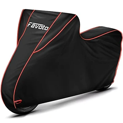 Imagen de Favoto Funda para Moto Cubierta de la Motocicleta 300D Oxford con Largas Tiras Reflectantes a Prueba Polvo Lluvia Viento Hojas Excrementos Aves al Aire Libre XXL 245cm Negro+Rojo