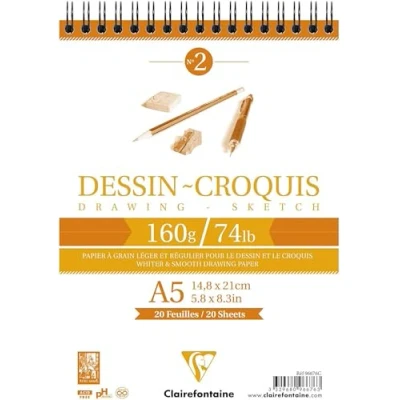 Imagen de Clairefontaine Ref 96676C Bloc de dibujo blanco encuadernado con alambre (35 hojas), tamaño A5, papel 160 g/m², y liso, sin ácidos, pH neutro