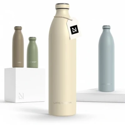 Imagen de Lars NYSØM Botella de Acero Inoxidable aislada 1,5l Agua 1,5 litro a Prueba Fugas para Deportes, Bicicleta, Perro, (Almond Beige, XL 1500ml)