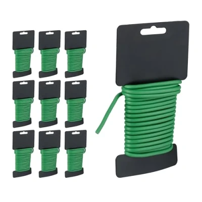 Imagen de Relaxdays Alambre Plastificado de Jardinería, Set 10 Rollos, 5 m Largo, Ø mm, para Atar Plantas, Flexible, Verde, 20 x 3 cm