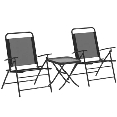 Imagen de Outsunny Conjunto de Mesa y Sillas Terraza Exterior 3 Piezas Muebles Jardín Plegables con Respaldo Regulable Tablero Vidrio Estructura Acero Negro