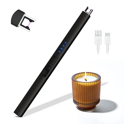Imagen de Rouclo Encendedor Electrico, Velas Cocina Arco Electrico con Indicador de Batería, Mechero USB Recargable para Gas,Chimenea, Barbacoa,Camping (Negro)