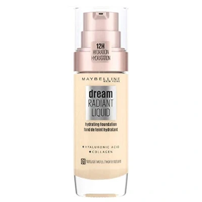 Imagen de Maybelline New York Dream Radiant Liquid Tono 01 Natural Ivory, Base De Maquillaje Hidratante Con Ácido Hialurónico Y Cólageno, Para Pieles Claro 30Ml