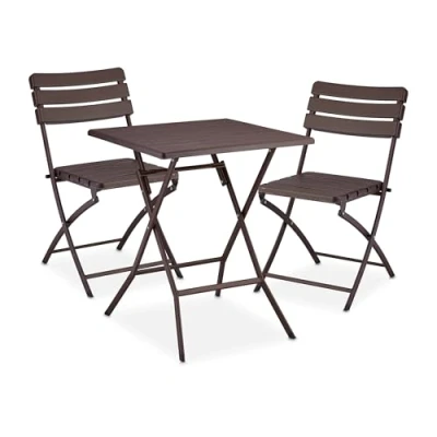 Imagen de Relaxdays Juego Muebles de Balcón, Conjunto Mesa y 2 Sillas Jardín, Plegable, Efecto Madera, Acero Plástico, Marrón, 74 x 61 cm