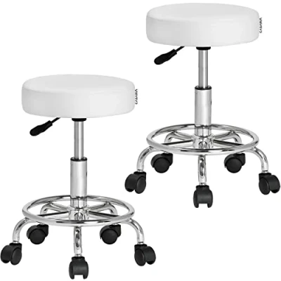 Imagen de CASARIA Set de 2 Taburetes Giratorios con Ruedas Blanco Altura Asiento Ajustable 51 65 cm Travesaños Acero Cromado Sillas Oficina