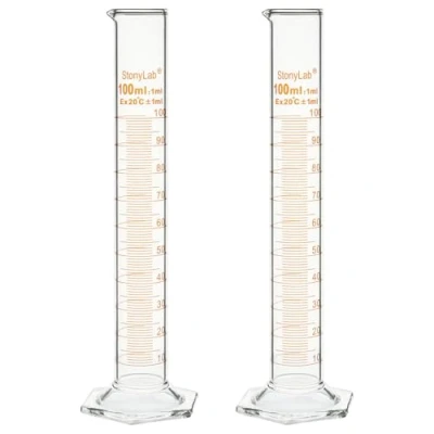 Imagen de stonylab Cilindro Graduado, Paquete de 2 Cilindros Vidrio Borosilicato Grado B con Base Hexagonal Estable, 100 ml