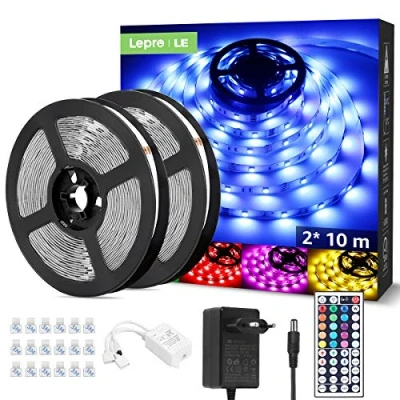 Imagen de LE Tira Luz RGB 20M, LED 5050 SMD, Tiras Luces con Función de Memoria, Voltaje Entrada 12V, Ángulo Haz 120, Fuente Alimentación y Controlador Incluidos