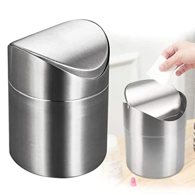 Imagen de MEIYAXINWIN cubo de basura para mesa escritorio, mini plateado acero inoxidable con tapa