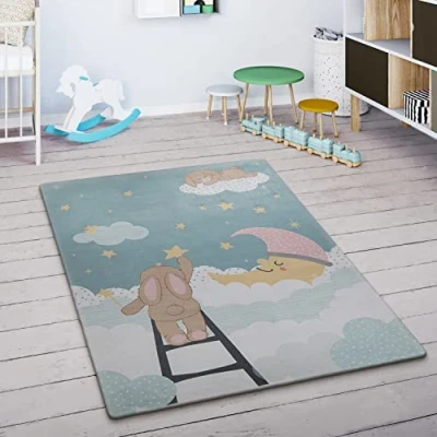 Imagen de Paco Home Alfombra para Habitación Infantil Juegos Bebé Animales Arco Iris Corazón, tamaño:120x160 cm, Color:Turquesa