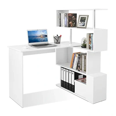 Imagen de Meerveil Mesa Escritorio con Estanteria, MDF, Bianco, 157 x 45 130,5 cm