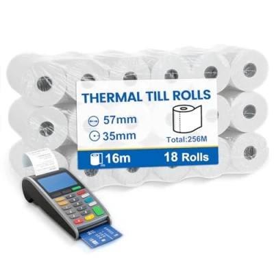 Imagen de (18 Rollos) Papel Datafono 57mm Térmico x 12mm 16m, Impresora Termica Compatible con la mayoría de calculadoras y cajas registradoras, Termico para Datafonos