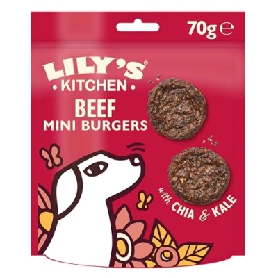 Imagen de Lily&#039;s Kitchen Elaborado con ingredientes naturales paquete de golosinas para perros adultos mini hamburguesas ternera la mejor del mundo receta sin cereales 8 x 70g