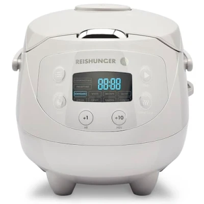 Imagen de Reishunger Mini Olla Arrocera Eléctrica y Vaporera en Gris hasta 3 Personas (0.6 l) Hervidor de Arroz Con 8 Programas Pantalla LED Función Automática Mantenimiento del Calor