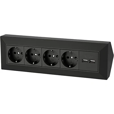 Imagen de 4 Fach Montaje Regleta Enchufes Caja Enchufe Ángulo + 2X USB Toma de Carga 230V 3600W Negro