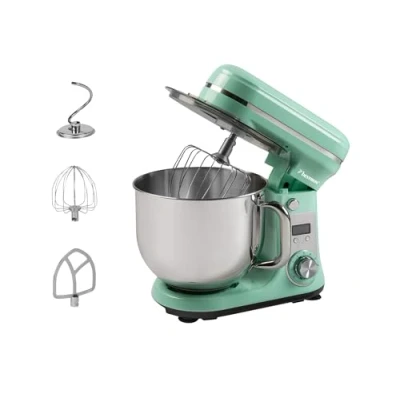 Imagen de Bestron robot pastelero (65 dB), de cocina 4 en 1, cuenco 6 litros, incluido gancho amasador, batidor y plano, velocidades + función Pulse, verde