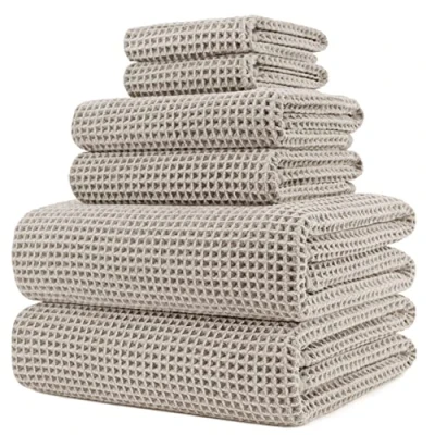Imagen de Polyte Juego de Toallas baño Microfibra antipelusa Secado rápido Punto gofrado Beige Grande: 152 x 76,2 cm Pack 6