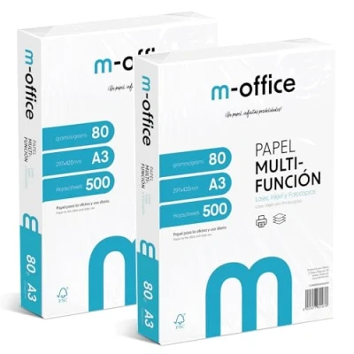 Imagen de Paquete Folios A3 80gr, 2 Paquetes de 500 hojas, Papel Multifunción para Impresora Inkjet y Láser, Hojas 297 x 420 mm Ideales la Oficina como el Hogar · m office (1000 hojas)
