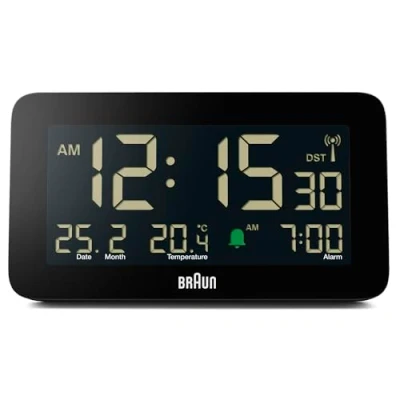 Imagen de Braun Reloj Despertador Digital controlado por Radio Zona horaria de Europa Central (DCF) con visualización Fecha, Mes y Temperatura, Pantalla LCD Negativa, Negro, Modelo BC10B DCF.
