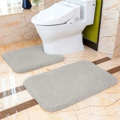 Imagen de Juego de 2 Alfombra Baño Antideslizante Alfombrilla Espesa Absorbente Ducha Ultra Suave Alfombrillas para Inodoro Mullido Microfibra 50 x 80cm + 60cm (Gris Claro)
