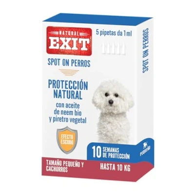 Imagen de Natural Exit Spot On Antiparasitario para Perros, 5 Pipetas Reutilizables de Larga Duración, Protege contra Parásitos, Garrapatas, Pulgas, Piojos (hasta 10 Kg Tamaño Pequeño y Cachorros)