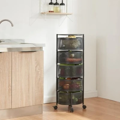 Imagen de [en.casa] Carro de Servicio con 5 Cestas Redondas Carrito Cocina Baño 4 Ruedas Verduras Paredes Perforadas y Superiores Giratorias Acero 90xØ33cm Negro