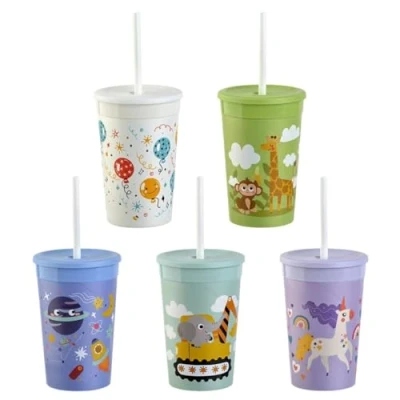 Imagen de ENGELLAND 5 vasos infantiles con tapa y pajita, sin BPA, mezcla de colores, plástico, para fiestas, reutilizables, 0,33 l