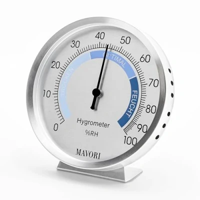 Imagen de MAVORI® Higrómetro analógico para Interiores: medidor de Humedad Acero Inoxidable un Clima Interior confiable (Ø 9,5 cm)
