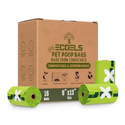 Imagen de ECOELS bolsas biodegradables para excrementos de perro 100% compostables 16 rollos repuesto sin perfume, 240 extragrandes, fuertes y a prueba fugas,