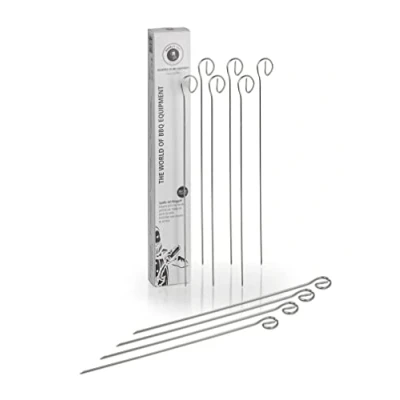 Imagen de Buddy&#039;s BBQ Pinchos para barbacoa, 12 brochetas cocinar, carne, pescado, verduras, reutilizables, 30 cm de longitud, acero inoxidable, material plano, con mango anillo
