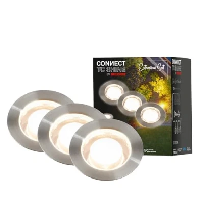 Imagen de Briloner Iluminación de jardín Connect to Shine 12 V, juego 3 focos LED empotrables suelo con funda, extensión, IP67, luces suelo, 45x66 mm, plateado
