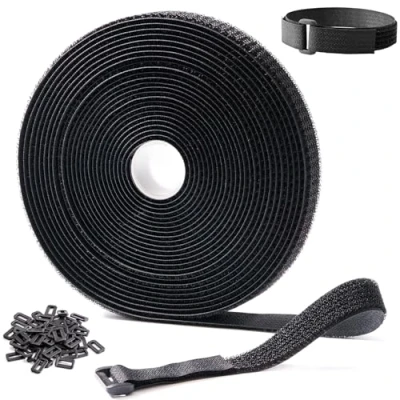 Imagen de Trilancer Cinta Sujeta Cables Reutilizables 10m x 2cm con 50 Hebillas, Bridas Negras Ajustables para Gestión y Organizador de Cables, Cortable a Medida, Negro