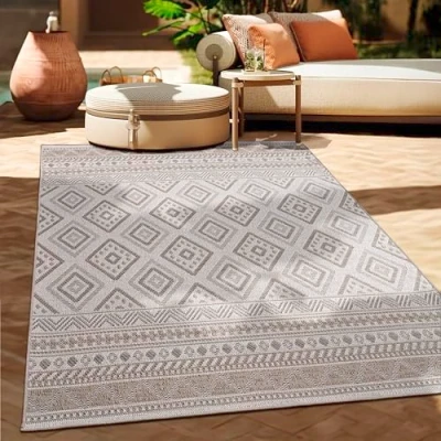 Imagen de Paco Home Alfombra Exterior Interior Balcón Terraza Cocina Motivo Boho Étnico Moderno, tamaño:80x150 cm, Color:Gris