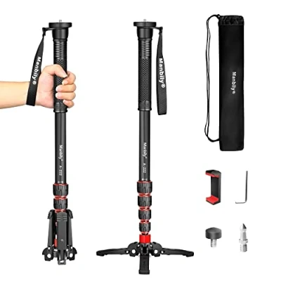 Imagen de Manbily Monopié Extensible de Aluminio con Patas, Portátil Viaje y Base Trípode Desmontable para DSLR Cámara Canon Sony Nikon Clip Móvil, 5 Secciones 170cm, Carga Máxima 7KG (A 222)