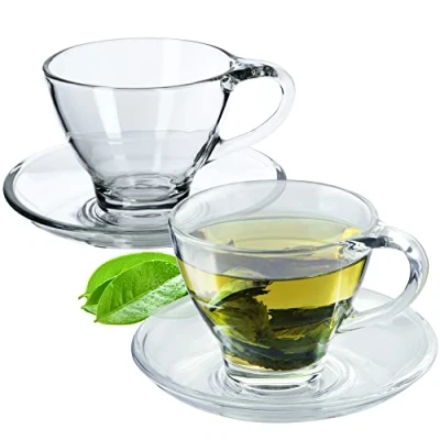 Imagen de KADAX juego de tazas cristal con base, 200 ml/250 ml, transparente, taza té, café, plato, plato (2 unidades)