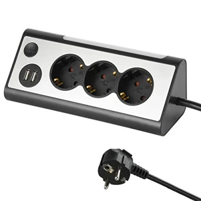 Imagen de Electraline 62512, Base múltiple Esquina, 3 Tomas, 2 Puertos USB 2.1A, + Luz LED Interruptor on/off, Cable 1.5 m, Negro
