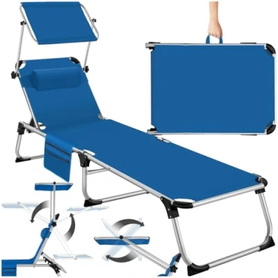 Imagen de TecTake® Tumbona Jardín Exterior de Aluminio, Plegable con Reposacabezas, Parasol y Bolsillo Lateral, Playa Reclinable en 6 Posiciones, Piscina Resistente a Intemperie Azul