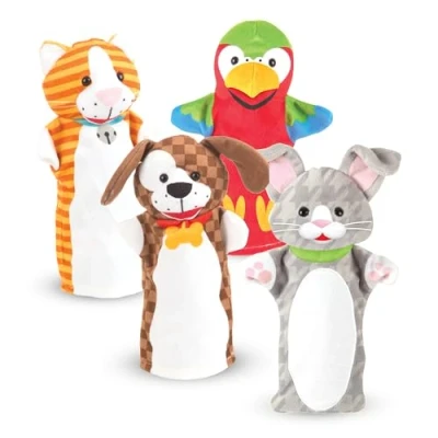 Imagen de Melissa &amp; Doug 4 Títeres de mano con animales domesticos, Marionetas para niños y adultos, Juguete creativo calidad adecuada,Regalo niñas 3 5 6 7 años, Perro, gato, conejo, loro