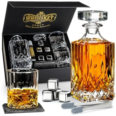 Imagen de WHISISKEY Decantador de Whisky Jarra 700ml Set Regalo Regalos Originales para Hombres 2 Vasos Whiskey x 310ML, 4 Piedras Whisky, Accesorios