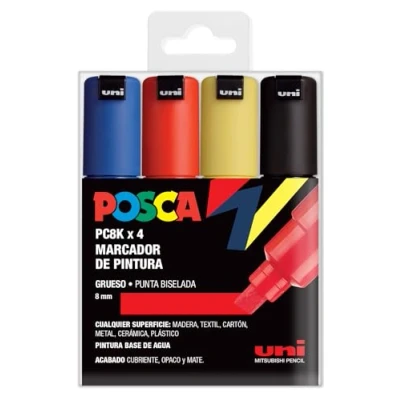 Imagen de UNI Posca Estuche de 4 Rotuladores PC8K Punta Biselada Colores Básicos