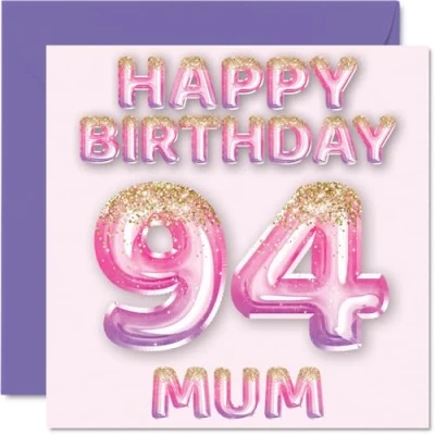 Imagen de Tarjeta de cumpleaños número 94 para mamá, globos purpurina rosa y morada, tarjetas feliz madre años edad, hijo e hija, felicitación