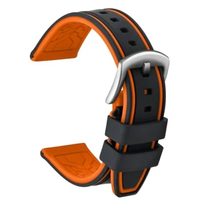 Imagen de ULLCHRO Correa Reloj Recambios Relojes Caucho Bicolor Hombre Mujer 20, 22, 24, 26mm Silicona con Hebilla de Acero Inoxidable Cepillado Plata (26mm, Negro y Naranja)