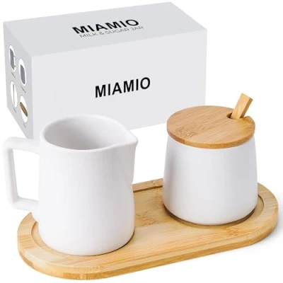 Imagen de MIAMIO Juego para Servir Crema y azúcar con Tapa Cuchara/Accesorios de cerámica el rincón del café Apto microondas lavavajillas. (Blanco)