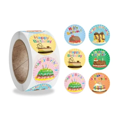 Imagen de 500 piezas/rollo pegatinas feliz cumpleaños, Rollo de redonda, para decoración sobres regalo, regalo bricolaje fiestas