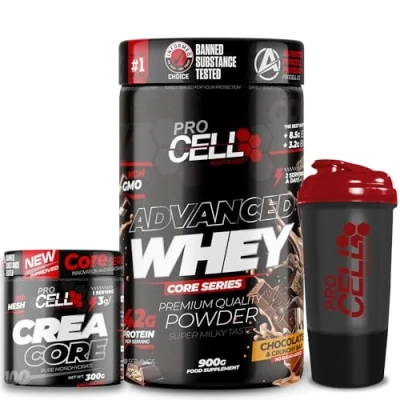 Imagen de ProCell PACK Whey Core + Crea 300gr Shaker REGALO proteina concentrada Gana masa muscular, en polvo Creatina monohidrato (900 gr, Chocolate &amp; Crunchy Bar)