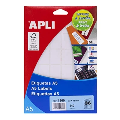 Imagen de APLI 1869 Etiquetas A5 blancas 22,0 x 32,0 mm 15 hojas