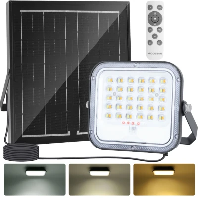 Imagen de Aigostar Foco proyector LED solar con mando a distancia，4000mAH，gran panel y batería de gran capacidad，regulable 3000/4000/6500K，IP66，cable 2m，Luz para exterior jardín，patios.