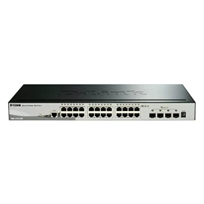 Imagen de D Link DGS 1510 28X/E, 28 Puertos Layer 2/3 Smart Managed Gigabit Stack Switch (24x 10/100/1000 Mbit/s Puertos, 4X 10G SFP+) Cordon d&#039;alimentation UE uniquement, Negro/Gris